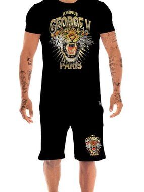 Avenue George V Paris Black Short Set Men's 2 piece set Lion Rhinestone XL 2XL
